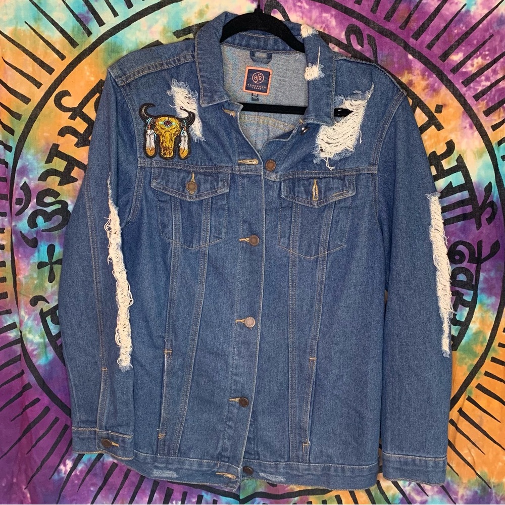 Boom Boom Jeans Distressed Denim Jacket 100% Cotton Size M Blue/Multicolor